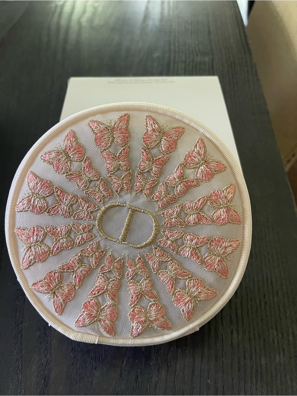 DIOR Embroidered Butterfly Round Pouch in Pink and Gold with box new